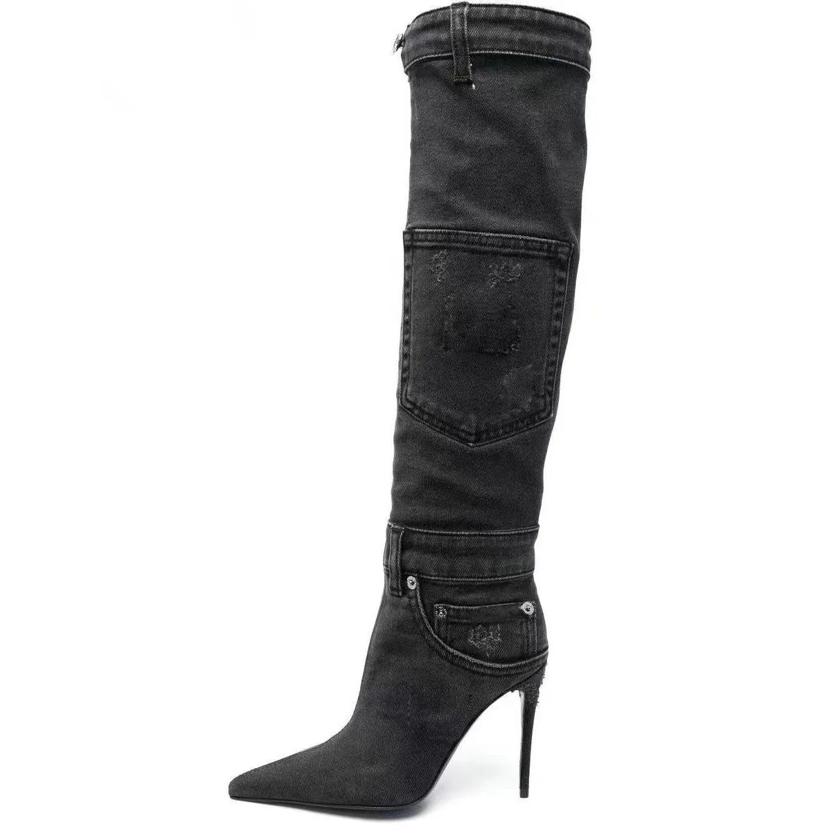 2023 Autumn Winter High Heeled Cowboy Boots Washed Pocket Sexy Party Denim Women Over The Knee High Boots - Image 3