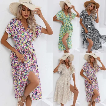 European and American women's dresses 2024 summer small floral slit V-neck women's clothing