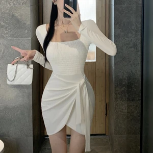 Long Sleeve Square Neck Bodycon Mini Dress with Smocked Waist & Asymmetrical Hem Casual Style for Spring/Autumn Perfect Fit