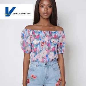 Summer New Design French Off-Shoulder Puff Sleeve Floral Blouse for Women Striped Chiffon Shirt for Casual Scene
