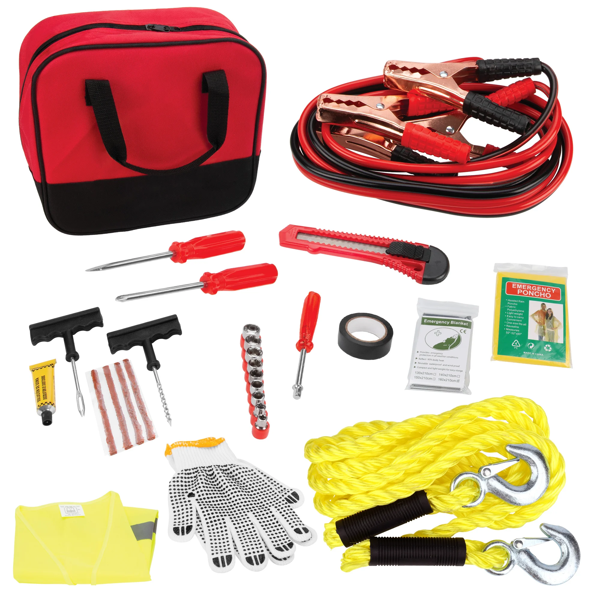 Portable Automotive Roadside Assistance Kit 13pc Emergency Tool Set with Booster Cables Tow Rope for Car Truck SUV Safety