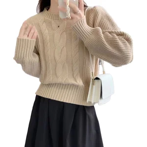 Women's Casual Round Neck Long Pullover Sweater for Autumn Winter Solid Color with Twist and Lantern Sleeves Single Breasted