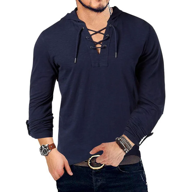 Temu Incerun Men's Long Sleeve Retro Medieval Pirate Shirt Lace Up Casual Beach Tops Festival Party Dress Shirt Solid Tee Shirt, T-Shirt V-Neck Tops for