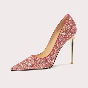 Genuine Sequin Fabric Upper Red Pumps Sexy Shallow Mouth Pointed High Heels Glitter Soft Soles Slip-On Casual Mid-Calf Platform