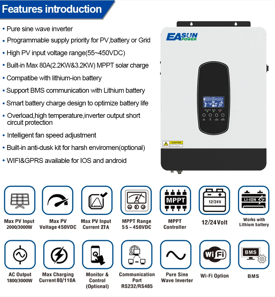 Easun 3kva 5kva 7kva Solar Inverter 24v 48v Off Grid Inverter Pure Sine ...
