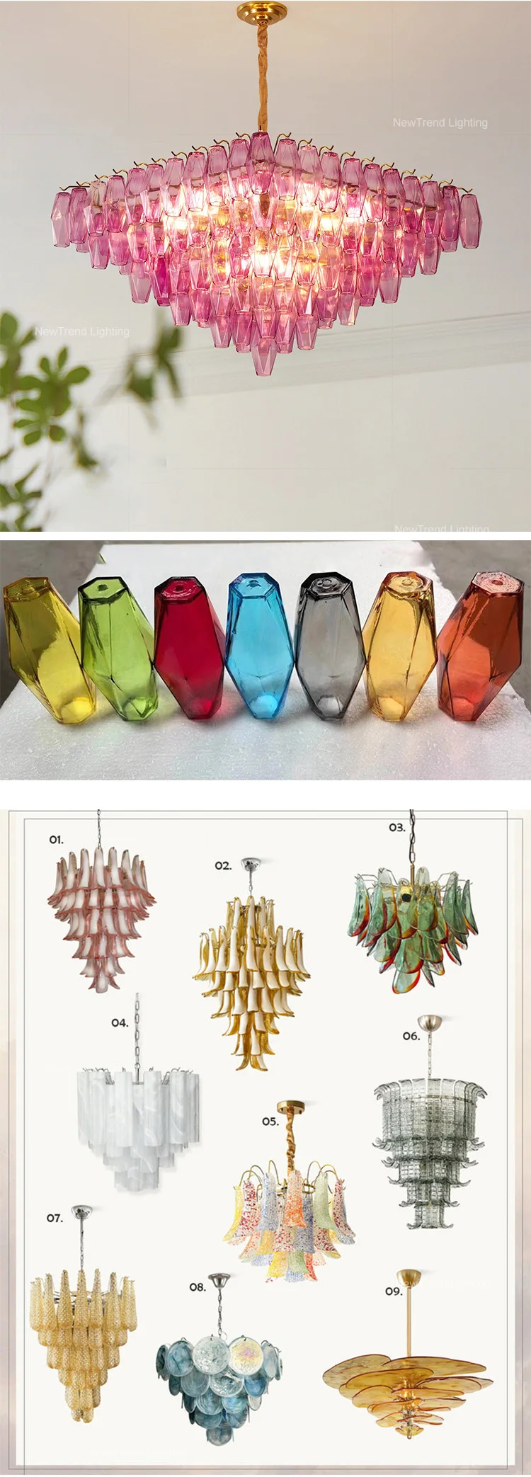 cpl 449 modern luxury pink murano glass chandelier  custom handblown multi head led pendant light for villa dining room  nordic retro interiors-5