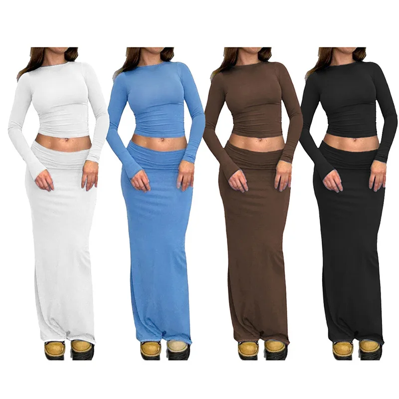 Solid Two-piece Set, Neck Long Sleeve Bodysuit & Twist Bag Hip Skirt main image 0
