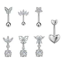 10Pcs/Set Women Heart-Shaped Butterfly Zircon Inlaid 316L Steel Piercing Navel Ring Add on Charm Inverted Belly Ring Jewelry