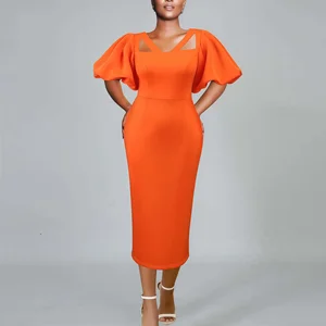 Am030823 fashion women casual dress Hollow Neckline Lantern Sleeve Dress Solid Loose African Elegant Ladies Midi Summer Dress