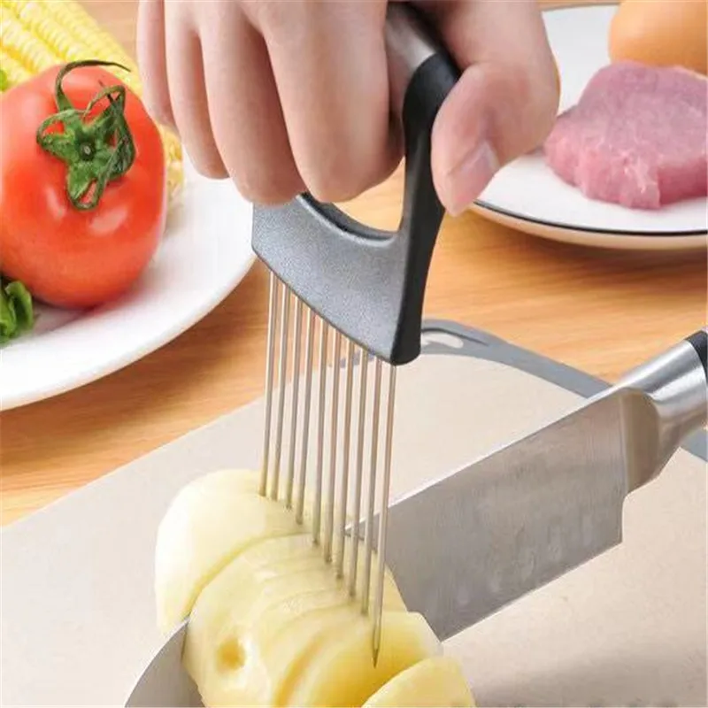 Креативная ломтерезка для лука Ломтерезка из нержавеющей стали игла мяса резак томатов картофеля овощей фруктов безопасный вспомогательный инструмент кухонные гаджеты