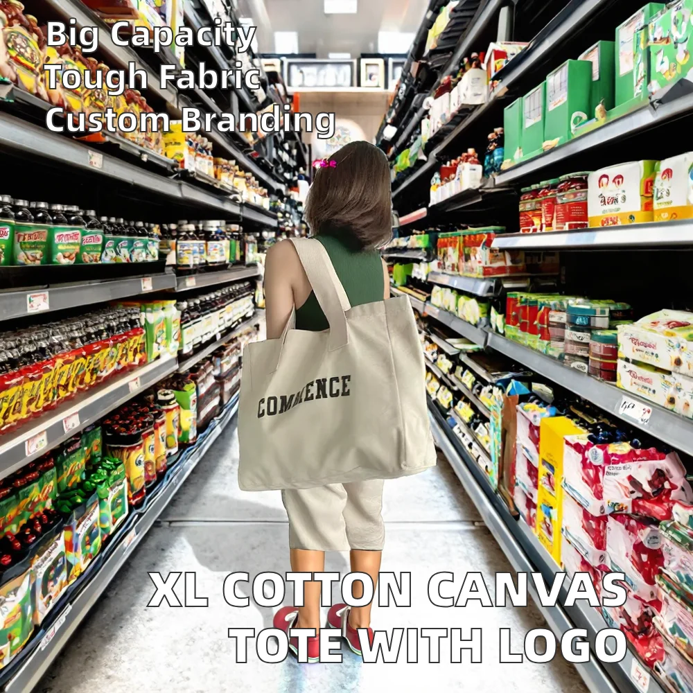 Women's Large Reusable Cotton Canvas Tote Shopping Bag with Custom Logo Zipper Pockets Long Rope Handle supplier