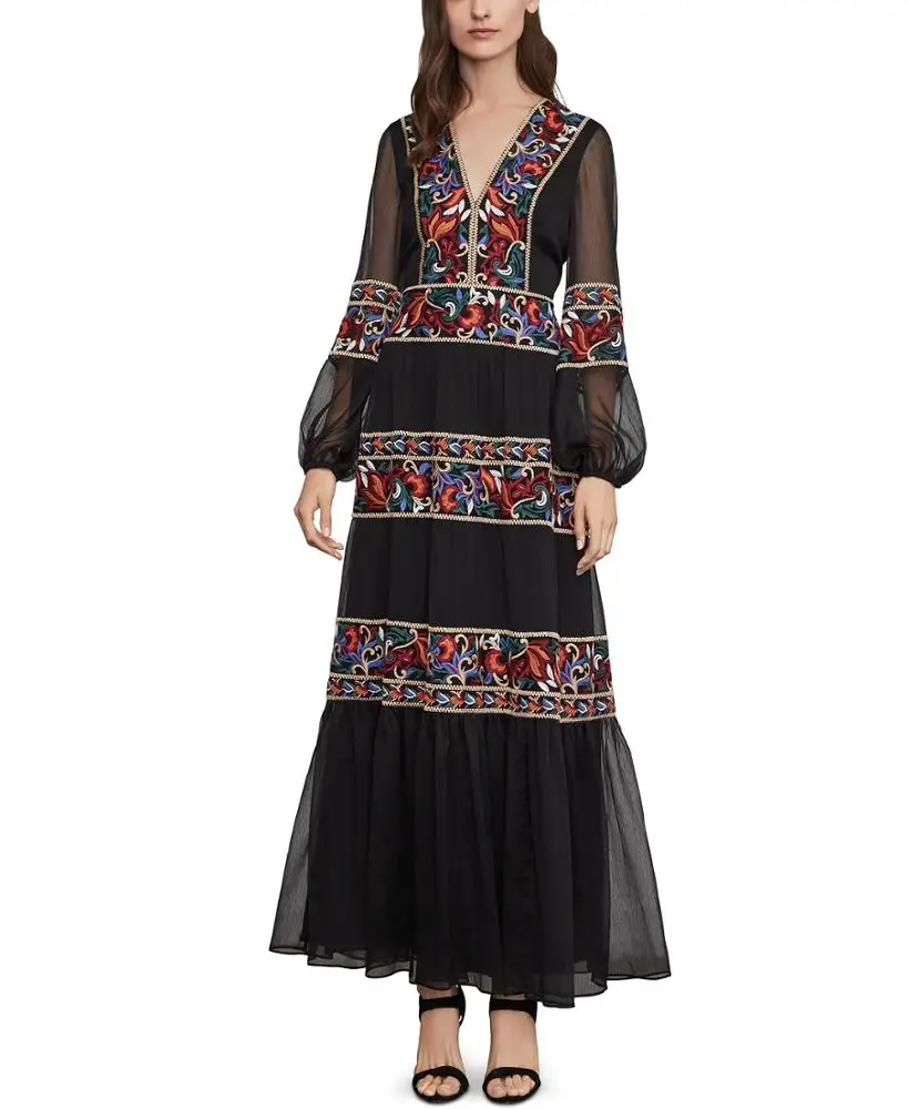 Autumn Embroidered Chiffon Tulle Maxi Dress See Through Long Sleeve ...