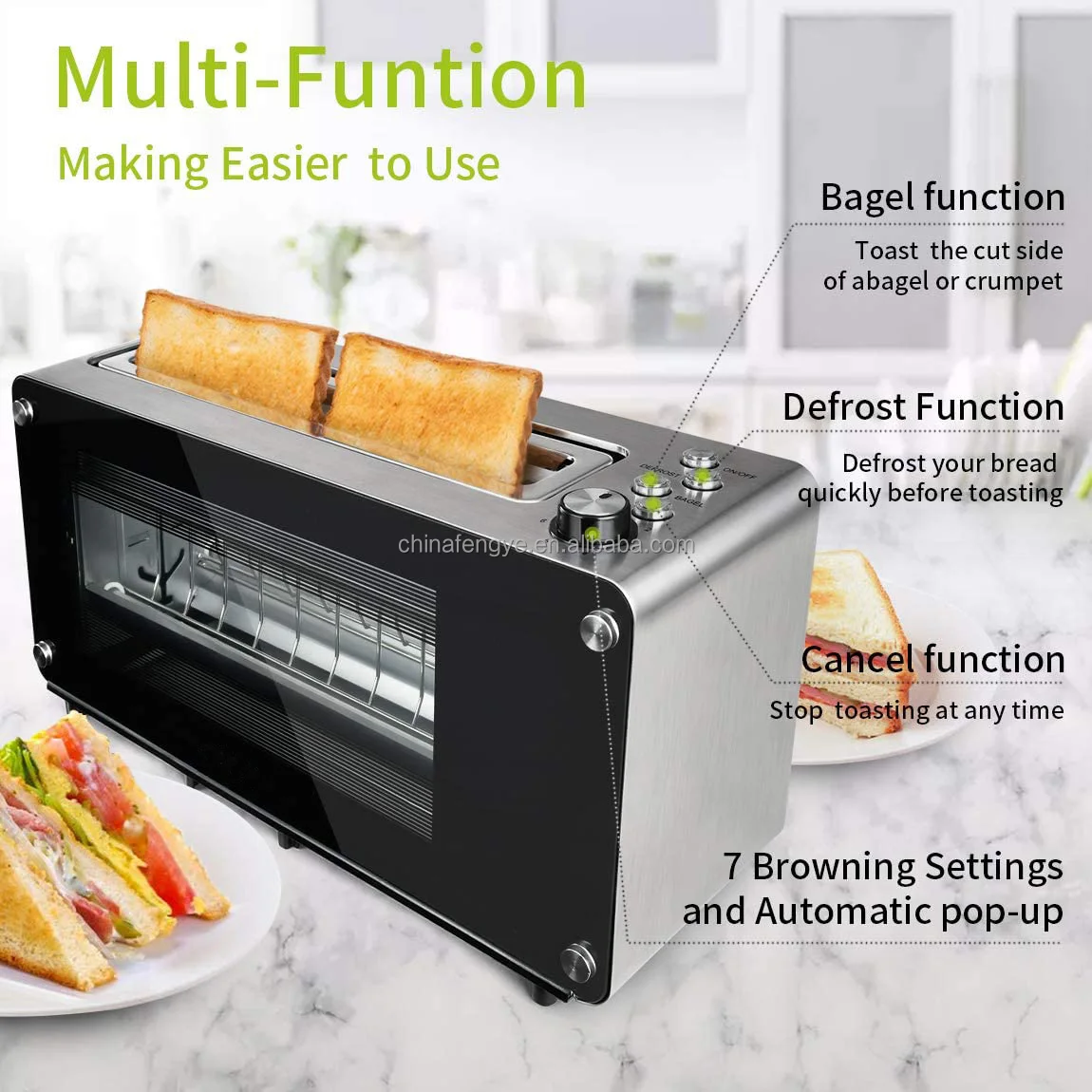 Automatic Glass 2 Slice Maker Electric Sandwich Pizza Ovens Bread Toaster