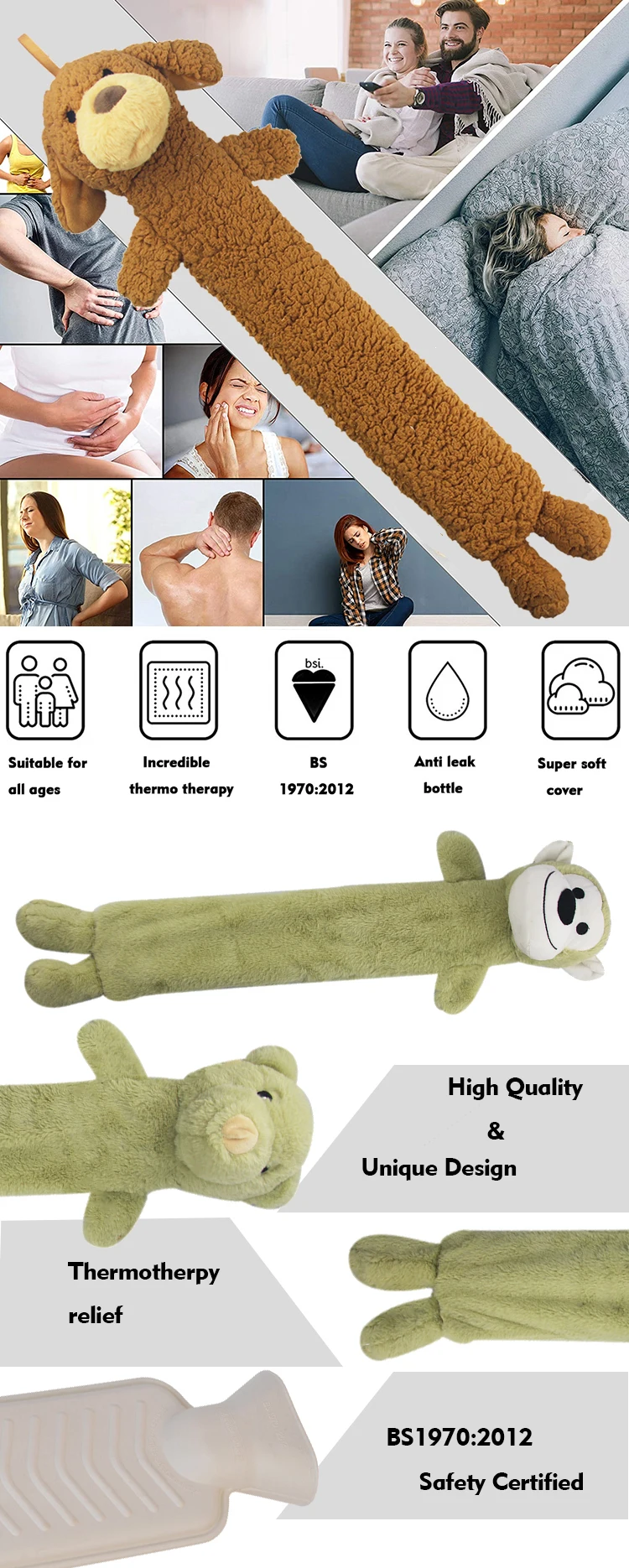 cartoon cute safety extra long rubber hot water bottle faux fur hot water bag waist belt cover for neck