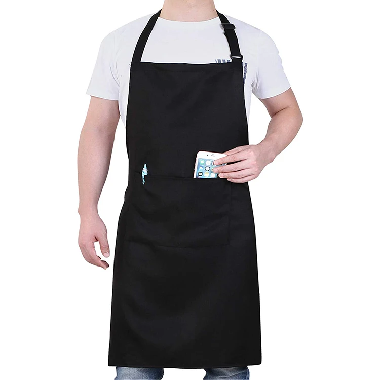 Wholesale Custom Logo Print Reusable Plain Black White Waterproof 100% Cotton Canvas Chef Kitchen Cooking Apron With Two Pockets