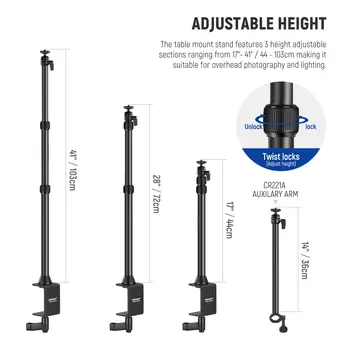 NEEWER Camera Desk Mount with Overhead Camera Mounting Arm and 1/4" Ball Head 17" - 41" Adjustable C Clamp Tabletop Light Stand detail image