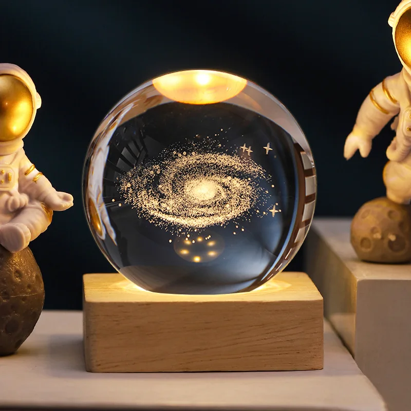 3d Galaxy Crystal Ball Night Light With Led Wooden Base For Birthday ...