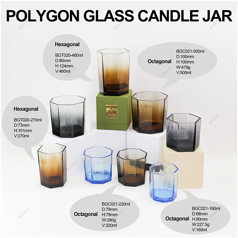 Popular Free Sample Empty Candle Container 160ml 220ml 500ml Monden Luxury Octagonal Amber Candle Jar for Home Dec