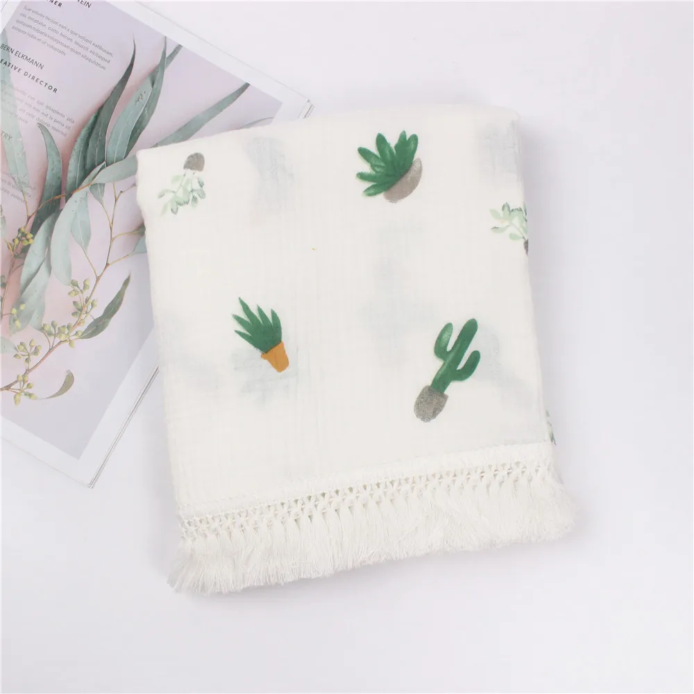 120*100CM Tassel Cotton Receiving Blanket Print Cactus Dandelion - Main Image