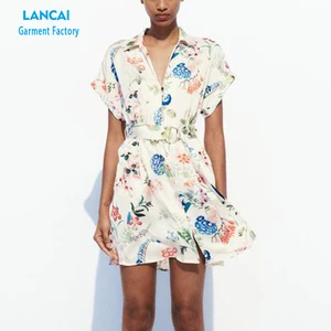 New Arrivals Casual Small Turn Down Collar Ruffle Short Sleeve Belt Waist Floral Print Mini Linen Dress