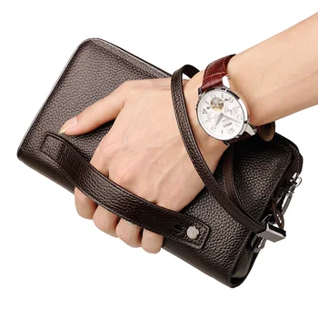 New Trendy Vintage PU Short Large Capacity Crazy Horse Leather Clutch Zipper Phone Bag for Men Multifunctional Open Closure Long