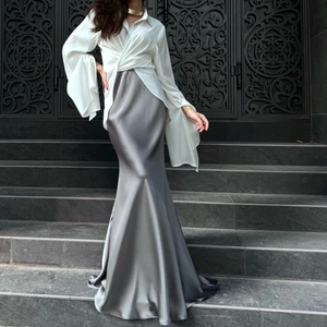 New 2025 Spring Temperament Satin Skirt Outfit Lace-up Design Sense Long Sleeve Shirt & A-line Skirts 2-piece Women's Skirt Suit