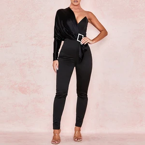 Ladies Black Satin Crystal Single Sleeve Belt Office One Piece Jumpsuit with Long Pants
