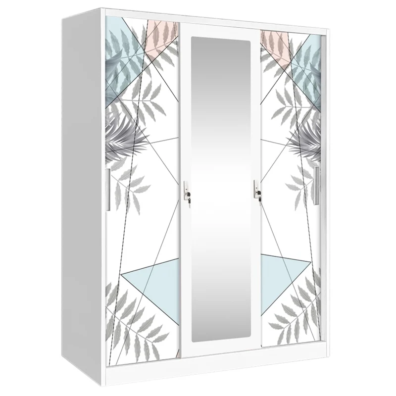 2 Door Mirror Customized Steel Printed Wardrobe with Mirror and Hanging Rail for Bedroom