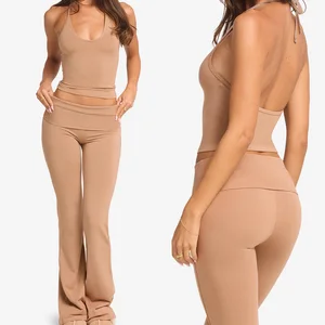 Roregal Women Halter Tie Vest Fitness Bra Set Foldable High Waist Hip Lifting Flared Pant Yoga Set