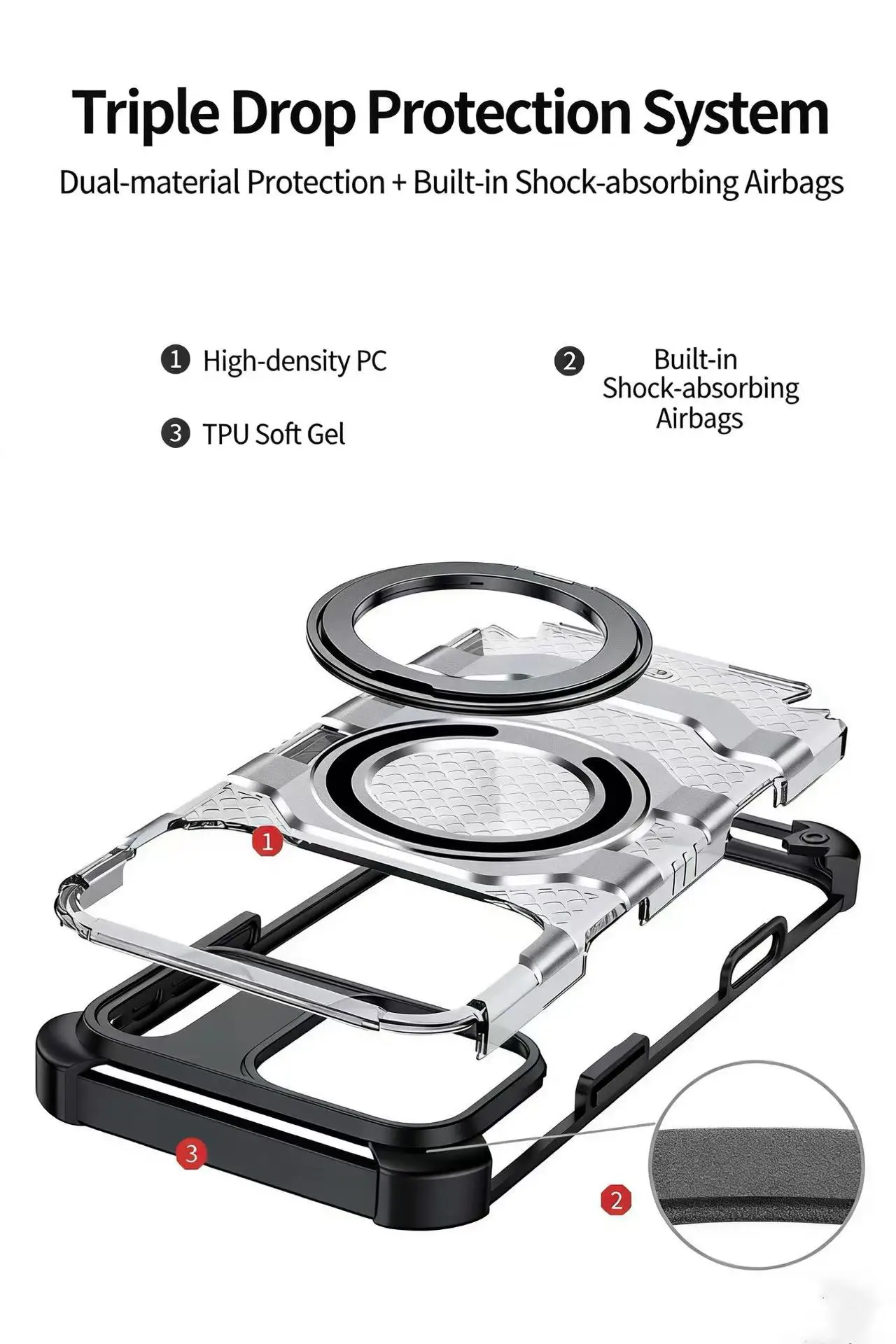 product ultra lightweight honeycomb phone case with 360 airbag protection  magnetic ring stand  anti slip design for iphone17-5