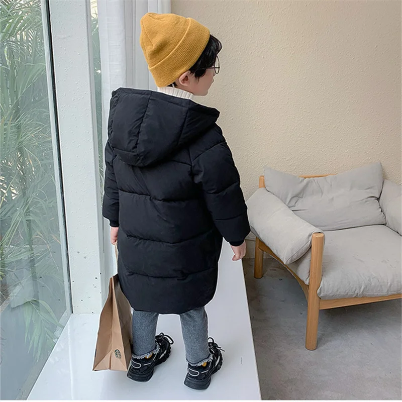 Детская стеганая парка с капюшоном, однотонная теплая Длинная зимняя куртка для мальчиков и девочек, 2022