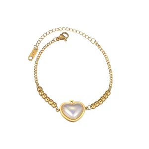 New Fashion Pearl Heart Charm Chain Bracelet Fine 18K Gold Plated Stainless Steel Bracelet for Women