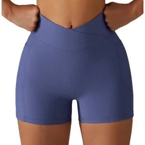 Cross Waist Head Hip Lifting Yoga Shorts Pocket Riding Running Fitness Pants High Waisted Skinny Running Sports Shorts