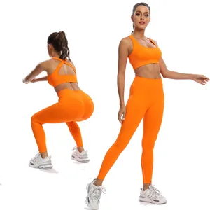 New Hot Selling 5 Pieces Women Orange Yoga Suit Sport Active Wear Set Seamless Scrunch Butt Lifer Gym Fitness Yoga Set