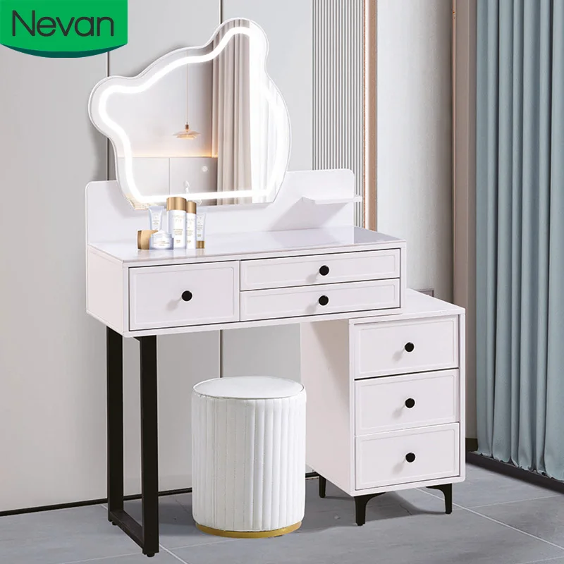 Hot Sales Modern Luxury Style White Dresser with Mirror and Lights Makeup  Vanity Dressing Table with Drawers for Bedroom