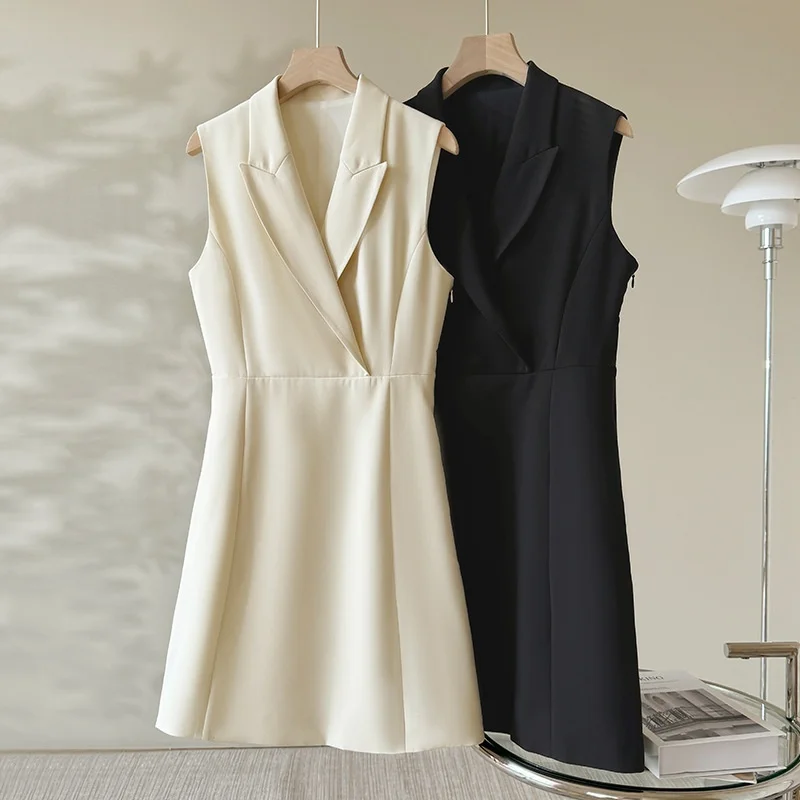 Vintage Three-Acetate Women's Summer Hepburn-Style A-Line Dress with V-Neck High-Waist Sleeveless Zipper Closure Mid-Length
