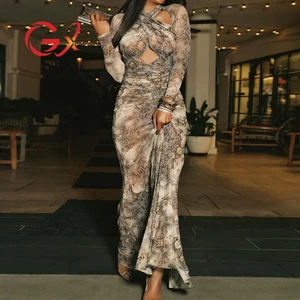 GX25472 Fashion Fall Clothing Boutique Sexy Long Sleeve Leopard Printed Cut-Out Maxi Dress Ladies Elegant Night Club Dresses