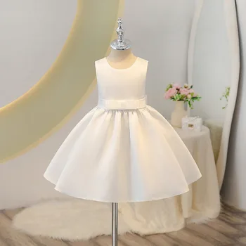Lady Style White Satin Dress for Girls O-Neck Formal Party Skirt with Bow Puff Birthday Design Age Group Children Sleeveless