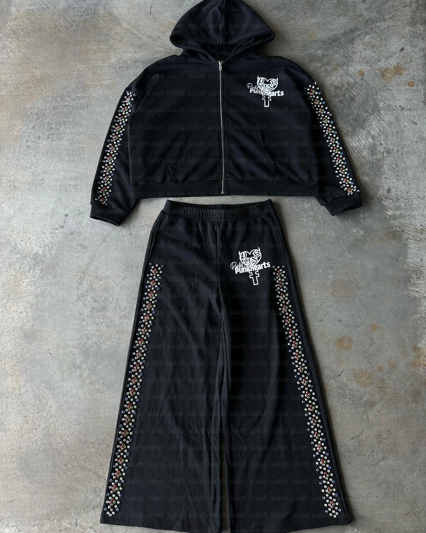 Custom 500GSM Zip up Oversized Baggy Fleece Rhinestone Jogger Sweatpants Sweatsuits Hoodie and Sweat Pants Flared Tracksuits Men gallery 7
