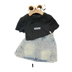 2026 Korean Girls Casual Summer Fashion Short Sleeve Hollowed-out Breathable Top Cool Denim Skirt Two Pieces Children Clothes