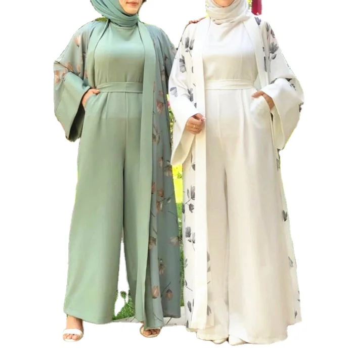 2023 New Modest Islamic Clothes Solid Color Wide Leg Pants Women Jumpsuits for Muslim Ladies