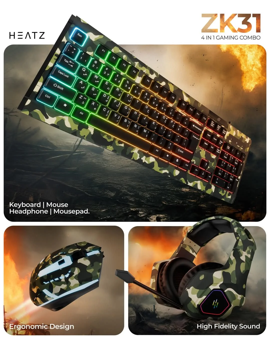 4-in-1 RGB Wired Gaming Keyboard Mouse Combo with Headset for PC