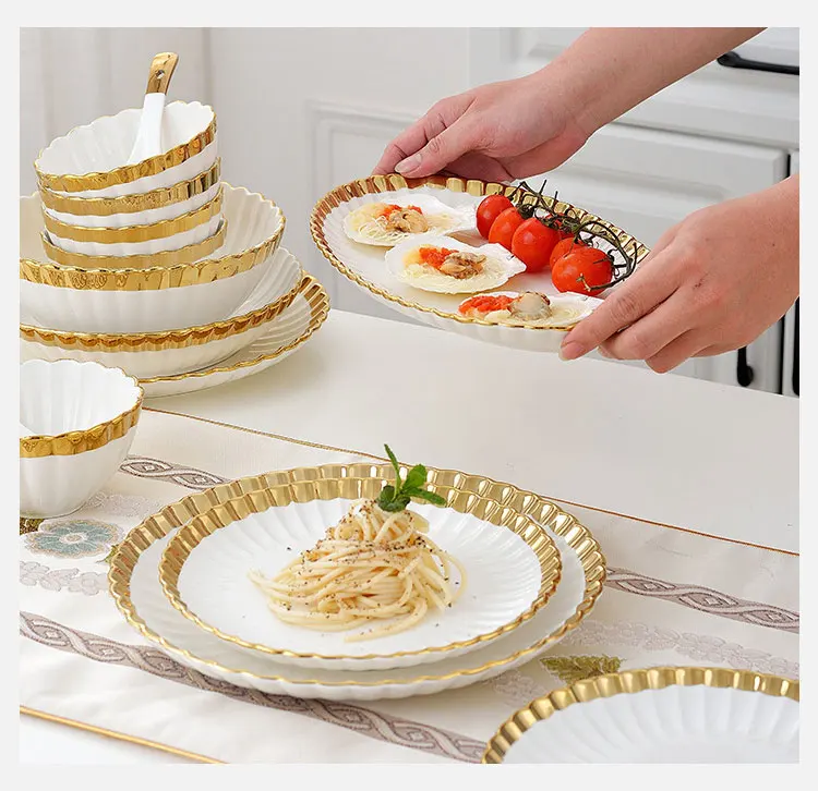 Highend Kitchen Tableware Ceramic Bowl Plates Sets Nordic White Gold