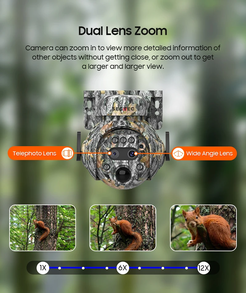 SECTEC Mini 12X Zoom Maple Leaf Camouflage 4G Sim Card IP66 Solar Powered Battery PIR Solar Power Hidden Solar Camera