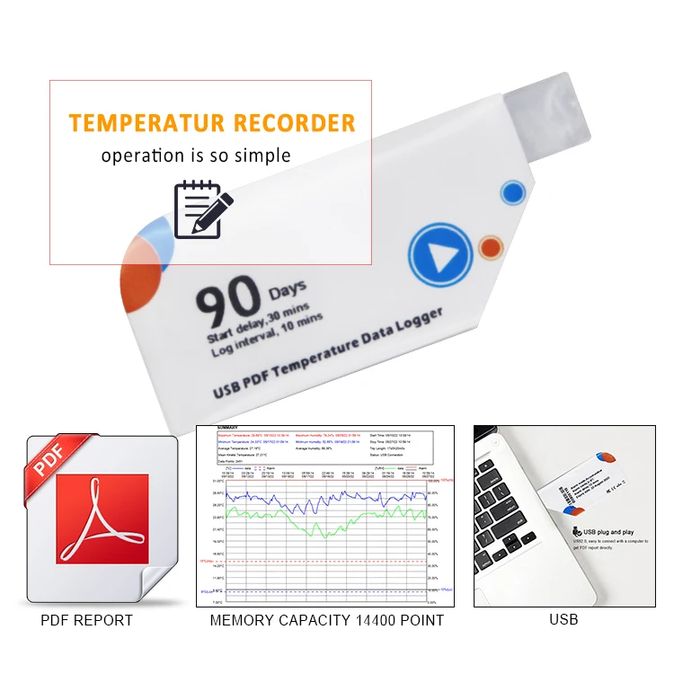 USB Temperature Single Use Data Logger with PDF Report