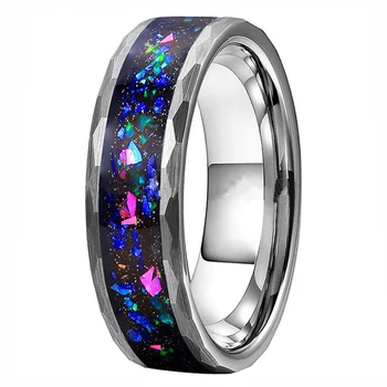 Black Hammered Tungsten Wedding Ring Finger Rings Inlaid with Opal Fragments Plated Wedding Band