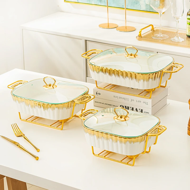 SYL Luxury  New Rectangular Gold Edge Ceramic Bakeware Casserole Ceramic Pot with Glass Lid Griddles Grill Pans Baking Tray