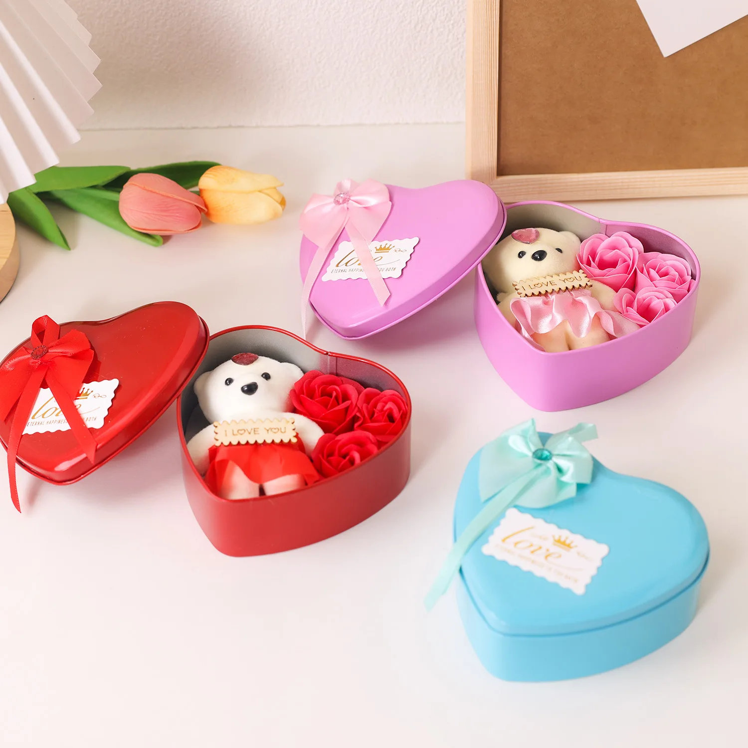 Novelty Gift Set 3pcs Rose Soap Flowers and 1pc Toy Bear in Heart Shaped  Box for Valentine's Day Mother's Day Present