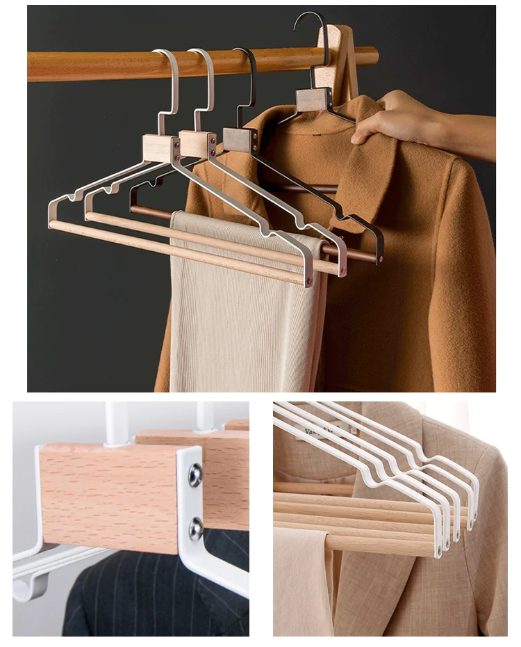 New Arrivals Natural Beech Wood Bar Design Metal Wire Clothes Hanger with Wood Pants Bar