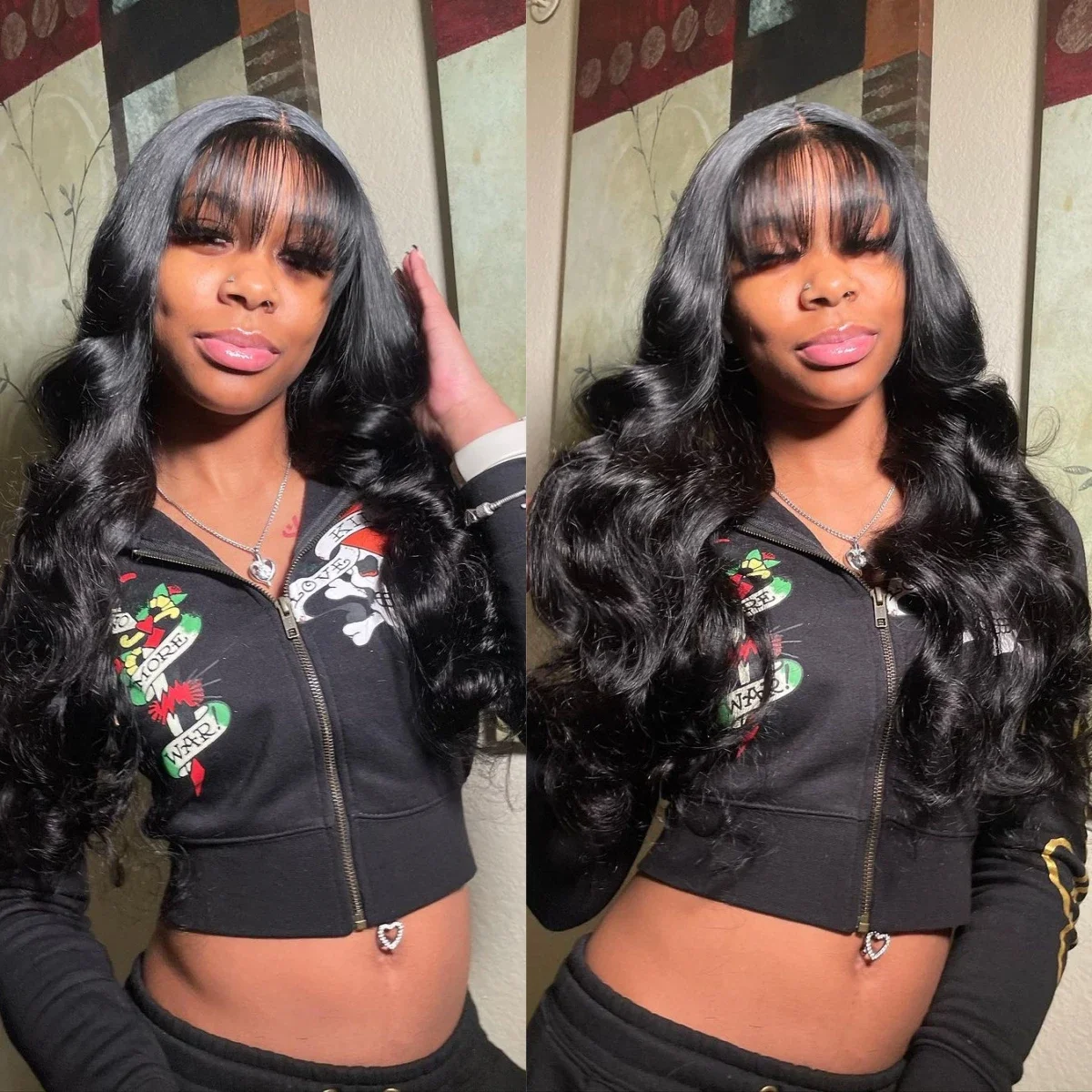 Peluca de pelo humano con flequillo body wave lace t-part negra_voghion.com